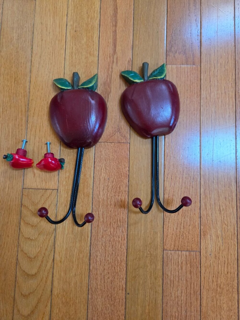 wood apple wall hanging hooks and two drawer pulls